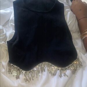 Black Sleeveless Top with Silver Embellishments